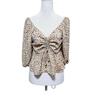 Pink Rose Floral Peplum Blouse Sz L Tan Romantic Boh Cottagecore Ruched Front